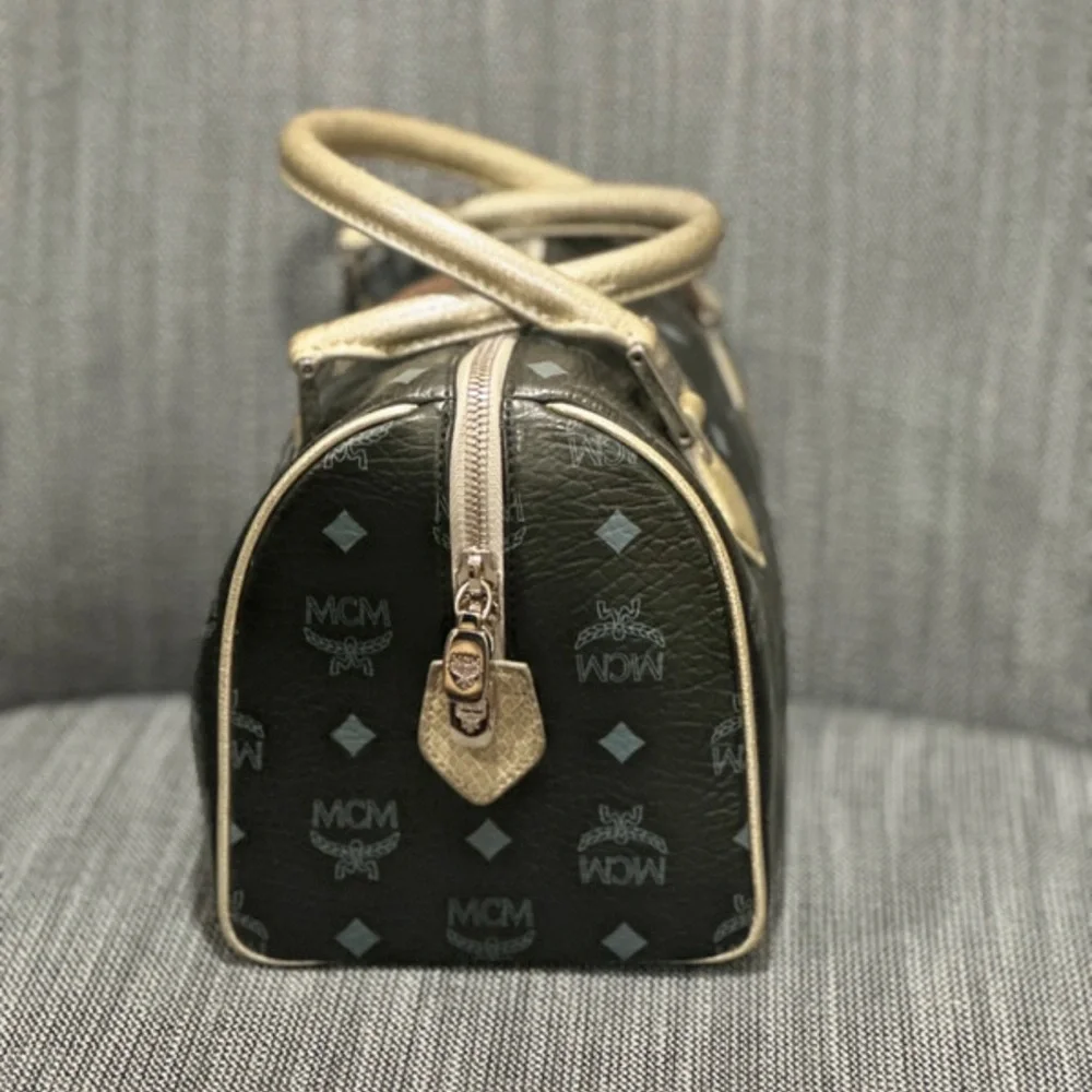 MCM Lion Visetos Boston Satchel Black Gold Leather Bag